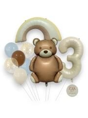 Retro Folyo Ayıcık Temalı Balon Seti Rakam Folyo Balon Krem Rengi Bej (Balon Bandı Hediyeli) 3 Yaş
