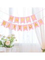 Pembe Happy Birthday Yazı Pembe Gold Varaklı Banner