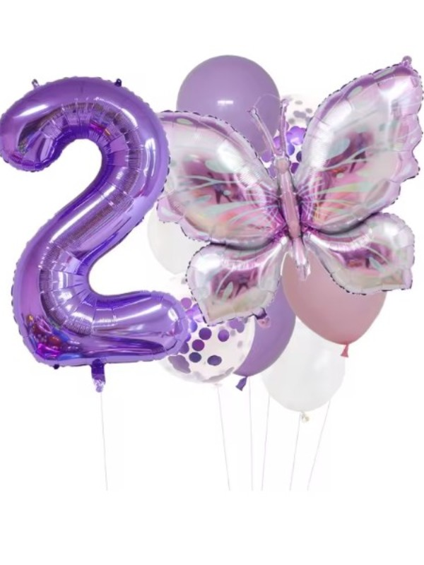 Kelebek Temalı Mor Yaş Rakam Folyo Balon Zinciri 2 Yaş