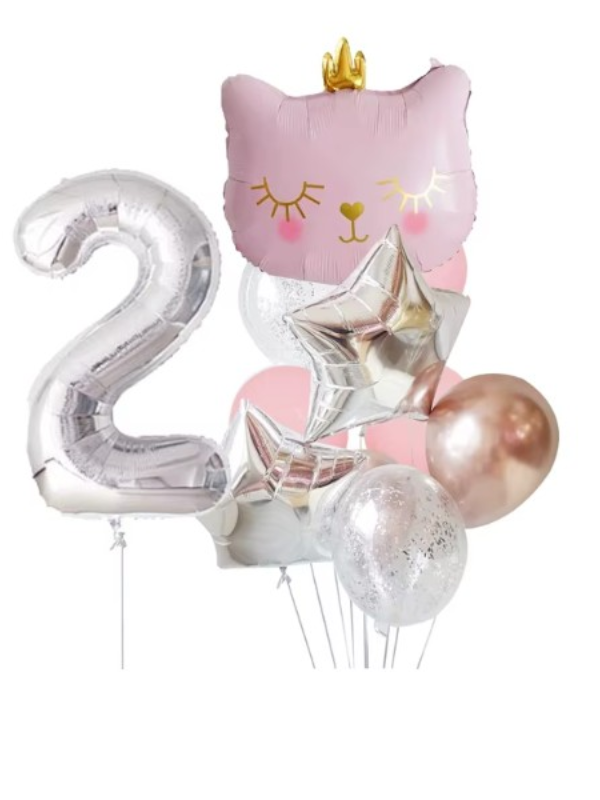 Pembe Taçlı Kedi Temalı Gümüş Yıldız Balon Seti 2 Yaş