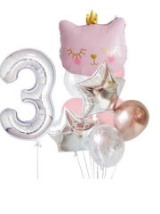 Pembe Taçlı Kedi Temalı Gümüş Yıldız Balon Seti 3 Yaş