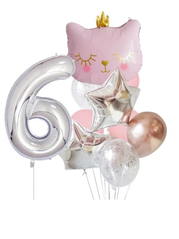 Pembe Taçlı Kedi Temalı Gümüş Yıldız Balon Seti 6 Yaş
