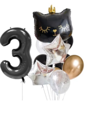 Siyah Taçlı Kedi Temalı Gümüş Yıldız Balon Seti 3 Yaş