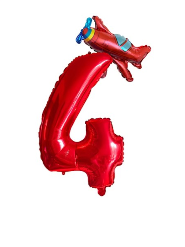 Kırmızı Uçak Rakam Folyo Balon 34 inch 76 cm 4 Yaş