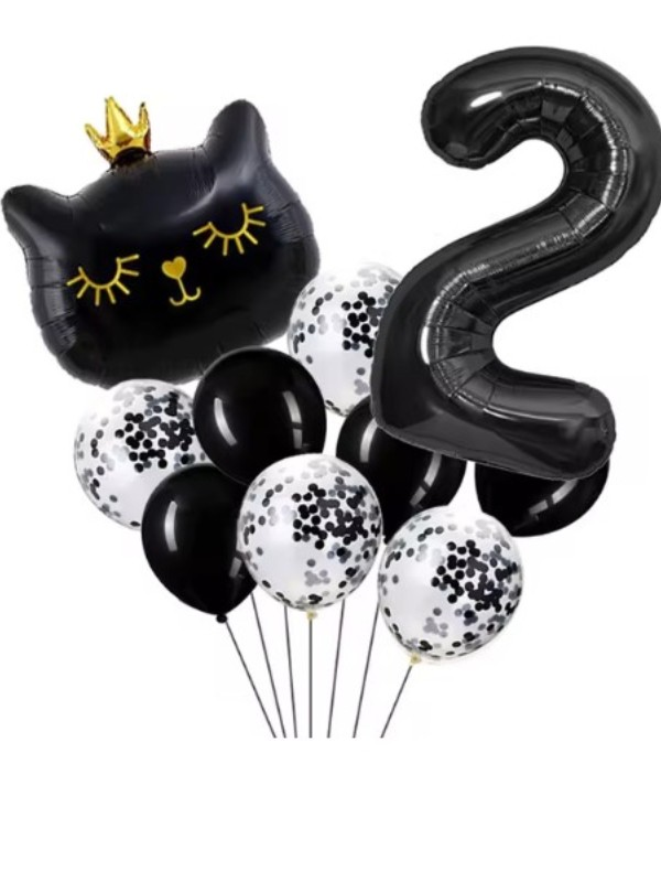 Siyah Kedi Hayvan Temalı Siyah Rakam Doğum Günü Balon Seti 2 Yaş