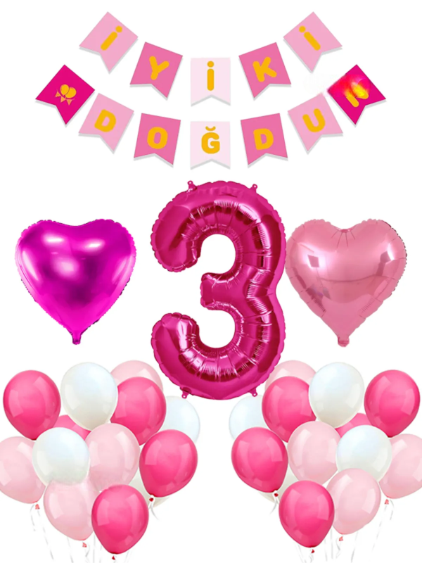 Fuşya Pembe Beyaz Pastel Balon Rakam Folyo Balon Kalp Folyo Balon Seti 3 Yaş