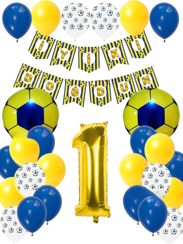 Sarı Lacivert Pastel Balon Futbol Temalı Doğum Günü Balon Seti Futbol Topu Folyo Balon 5 Yaş