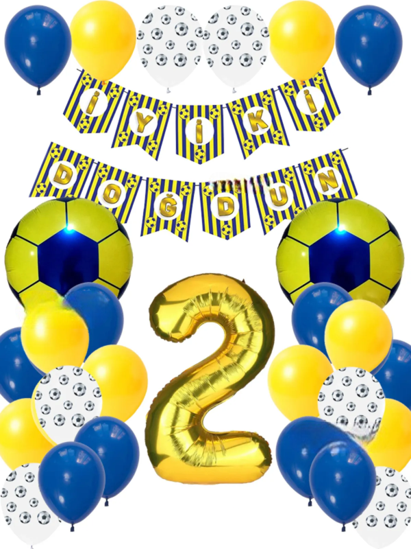 Sarı Lacivert Pastel Balon Futbol Temalı Doğum Günü Balon Seti Futbol Topu Folyo Balon 2 Yaş