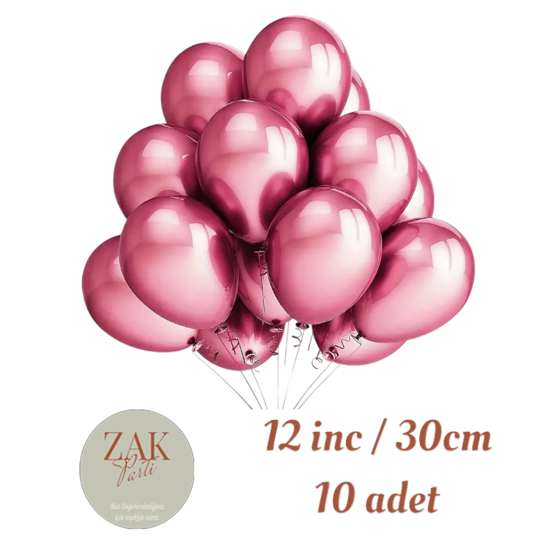 12 inch 30 cm Balon Parlak Krom Balon Pembe
