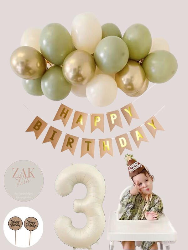 Küf Yeşili Deniz Kumu Krom Gold Pastel Balon Bej Krem Rakam Folyo Balon Zinciri Seti 3 Yaş