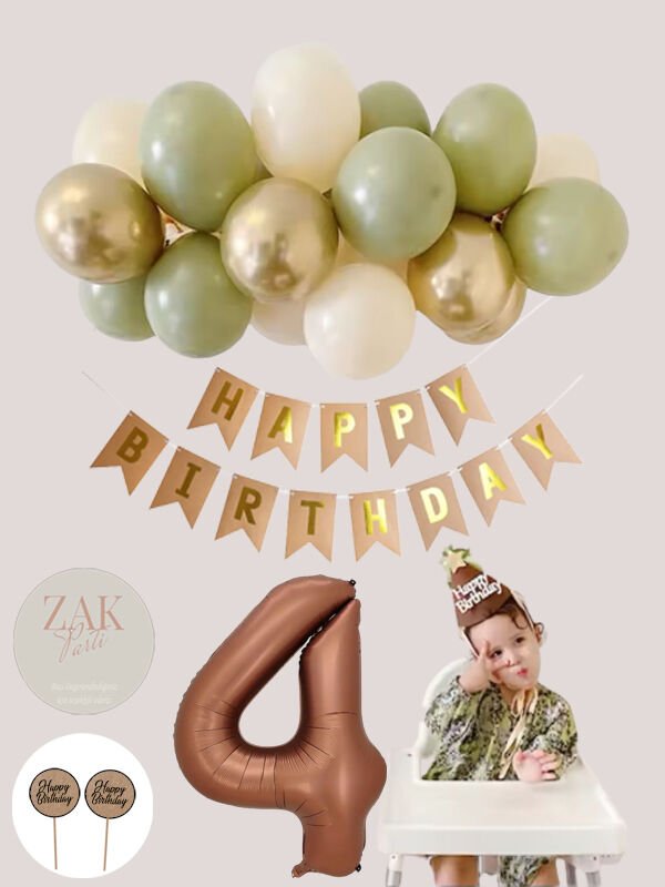 Küf Yeşili Deniz Kumu Krom Gold Pastel Balon Kahverengi  Rakam Folyo Balon Zinciri Seti 4 Yaş