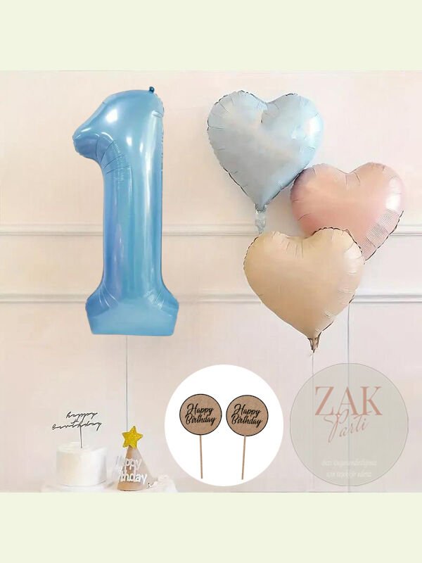 Mavi Rakam Folyo Balon Retro Mavi Pembe Satin Kalp Folyo Balon Doğum Günü Balon Seti 1 Yaş