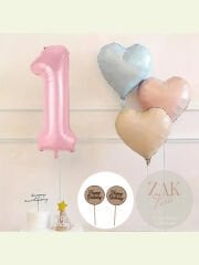 Pembe Rakam Folyo Balon Retro Mavi Pembe Satin Kalp Folyo Balon Doğum Günü Balon Seti 1 Yaş