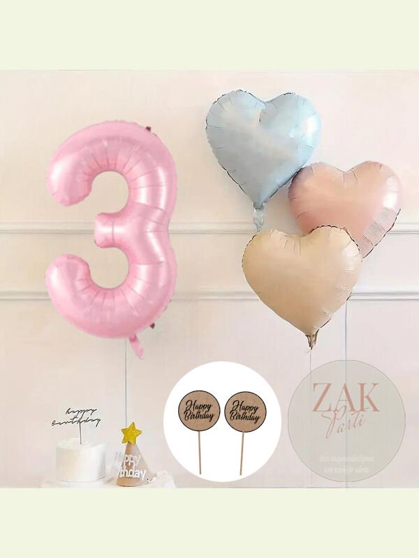 Pembe Rakam Folyo Balon Retro Mavi Pembe Satin Kalp Folyo Balon Doğum Günü Balon Seti 3 Yaş
