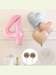 Pembe Rakam Folyo Balon Retro Mavi Pembe Satin Kalp Folyo Balon Doğum Günü Balon Seti 4 Yaş