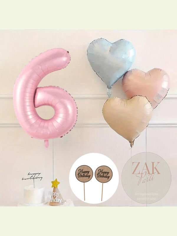 Pembe Rakam Folyo Balon Retro Mavi Pembe Satin Kalp Folyo Balon Doğum Günü Balon Seti 6 Yaş