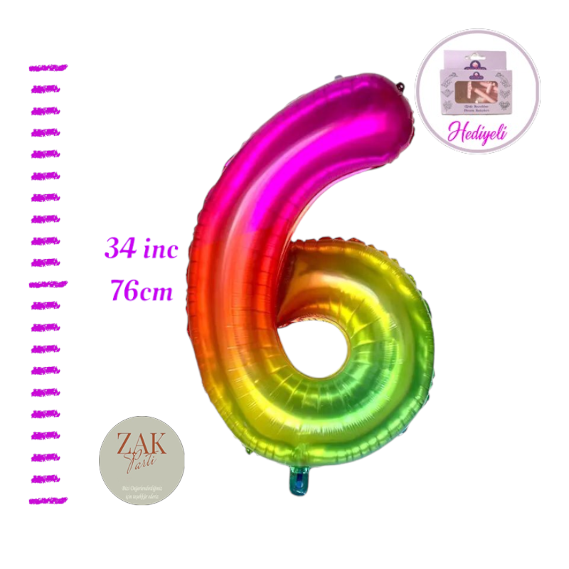 Rakam Folyo Balon Parlak Gökkuşağı 6 Yaş